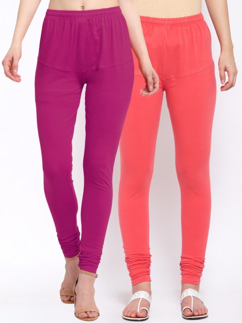 

KLOTTHE Women Pack of 2 Solid Cotton Churidar-Length Leggings, Magenta