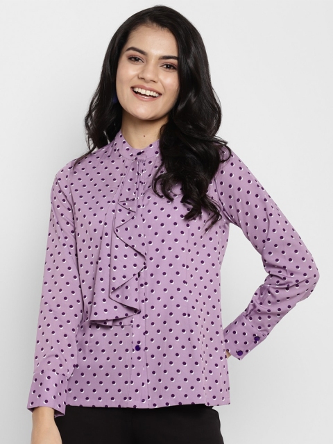 

DEEBACO Purple Geometric Mandarin Collar Crepe Regular Top