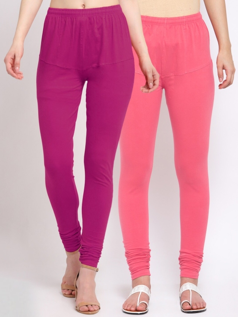 

KLOTTHE Women Pack of 2 Solid Cotton Churidar-Length Leggings, Magenta