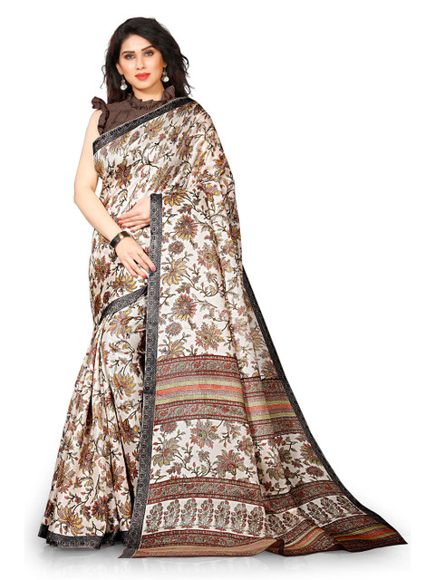 

KALINI Off White & Black Floral Art Silk Bagh Saree