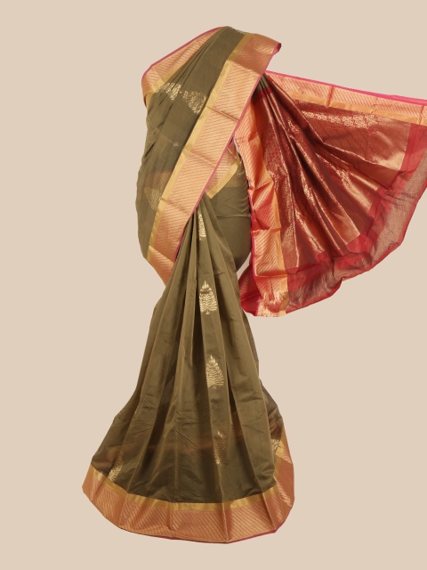 

Pothys Olive Green & Golden Ethnic Motif Woven Design Zari Saree