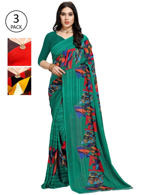 

KALINI Pack Of 3 Sarees, Green
