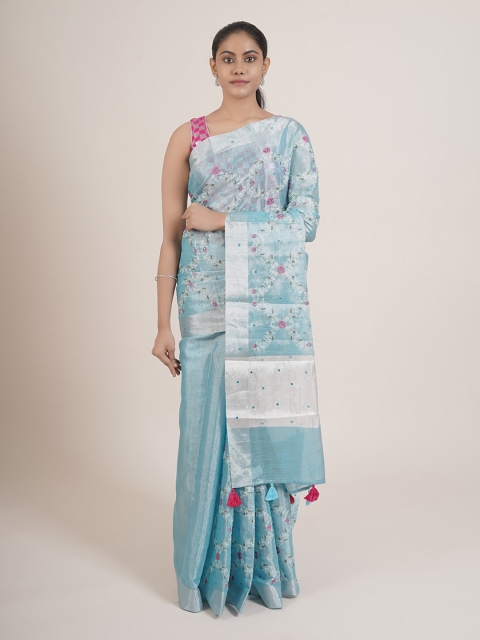 

Pothys Blue & Pink Floral Zari Linen Blend Saree