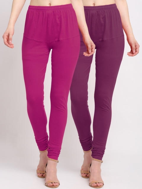 

KLOTTHE Women Pack of 2 Solid Cotton Churidar-Length Leggings, Purple