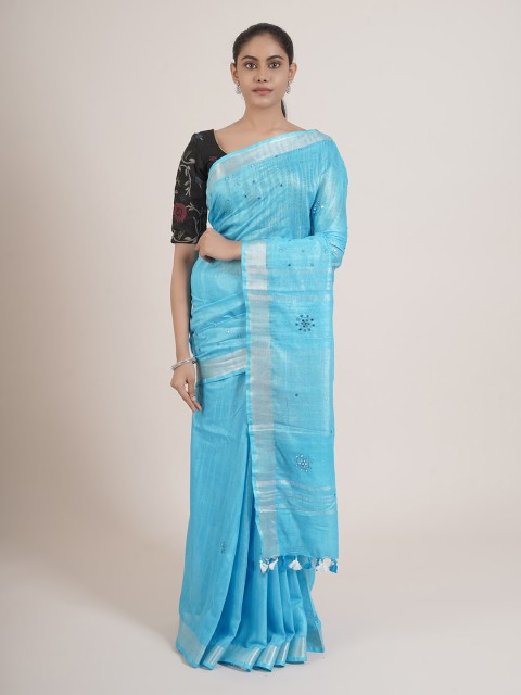 

Pothys Blue & Silver-Toned Embellished Mirror Work Linen Blend Saree
