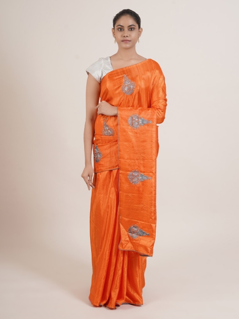 

Pothys Orange & Silver-Toned Ethnic Motifs Embroidered Silk Blend Saree