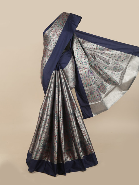 

Pothys Charcoal Grey & Navy Blue Ethnic Motifs Hand Print Saree