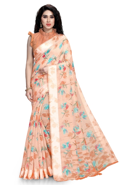 

KALINI Peach-Coloured & Sea Green Floral Printed Bagh Saree