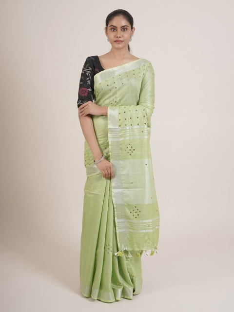 

Pothys Green & White Floral Mirror Work Linen Blend Saree