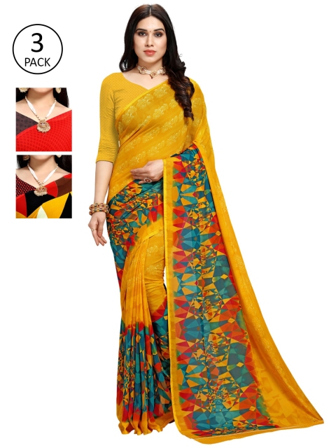 

KALINI Pack of 3 Poly Georgette Sarees, Red