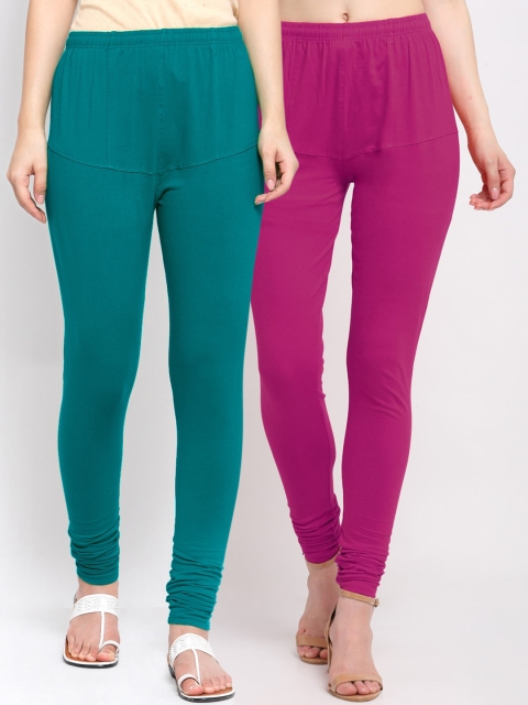 

KLOTTHE Women Pack of 2 Magenta & Teal Solid Churidar-Length Cotton Leggings