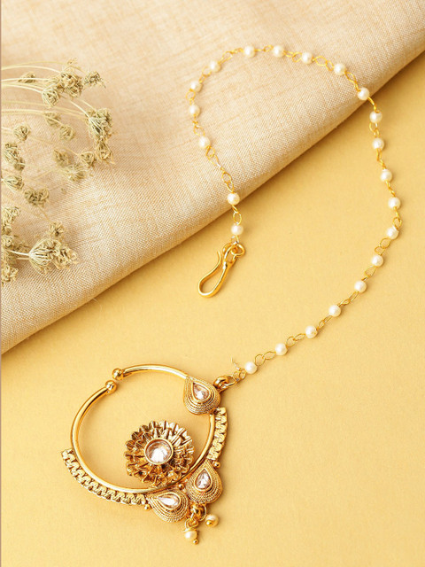 

Priyaasi Gold-Toned White Kundan-Studded & Pearl Beaded Chained Bridal Nose Pin