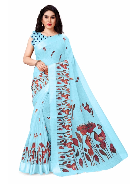 

KALINI Turquoise Blue & Pink Printed Saree
