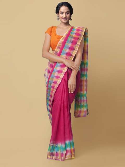 

Unnati Silks Pink & Blue Leheriya Shibori Pure Cotton Sustainable Kota Saree