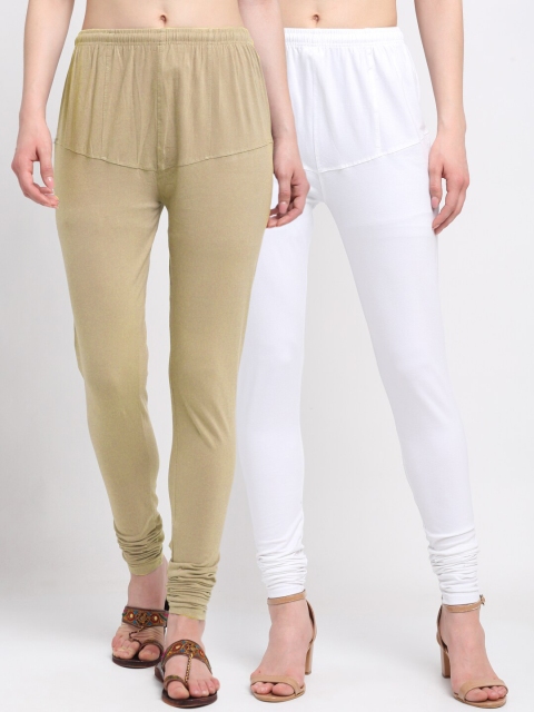

KLOTTHE Women Pack Of 2 Beige & White Cotton Churidar-Length Leggings, Taupe