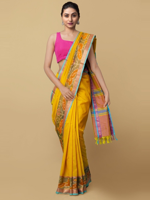 

Unnati Silks Women Yellow Pure Handloom Cotton Silk Ikat Mangalagiri Saree