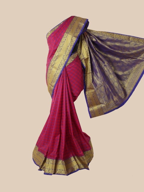

Pothys Pink & Blue Checked Zari Pure Silk Kanjeevaram Saree