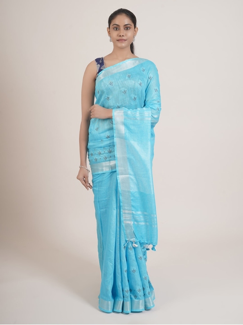 

Pothys Blue & Black Ethnic Motifs Linen Blend Saree