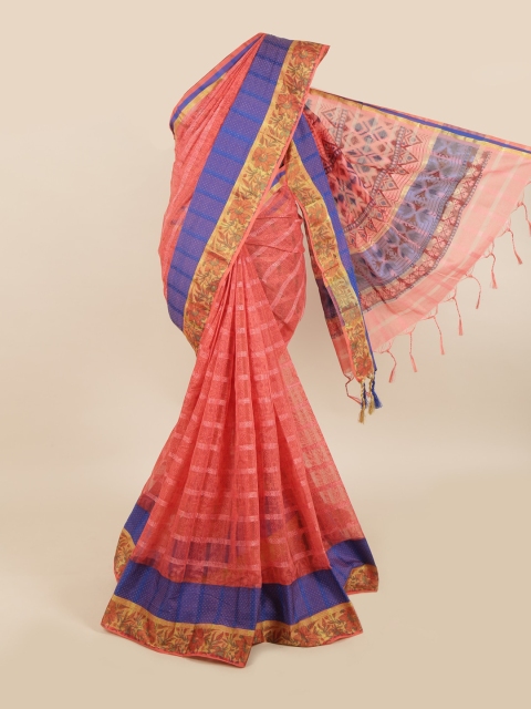 

Pothys Peach-Coloured & Blue Ethnic Motifs Hand Print Saree