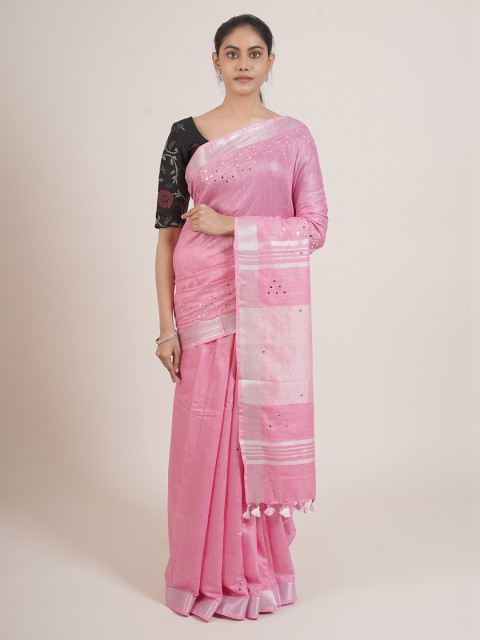 

Pothys Pink & Silver-Toned Mirror Work Linen Blend Saree