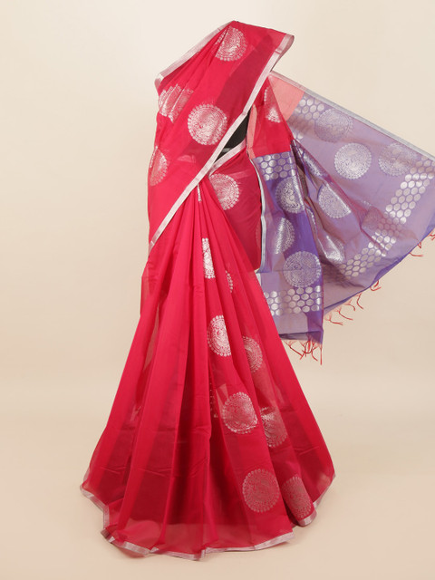 

Pothys Pink & Silver-Toned Woven Design Silk Cotton Saree