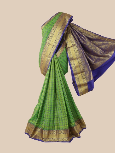 

Pothys Green & Blue Checked Pure Silk Kanjeevaram Saree