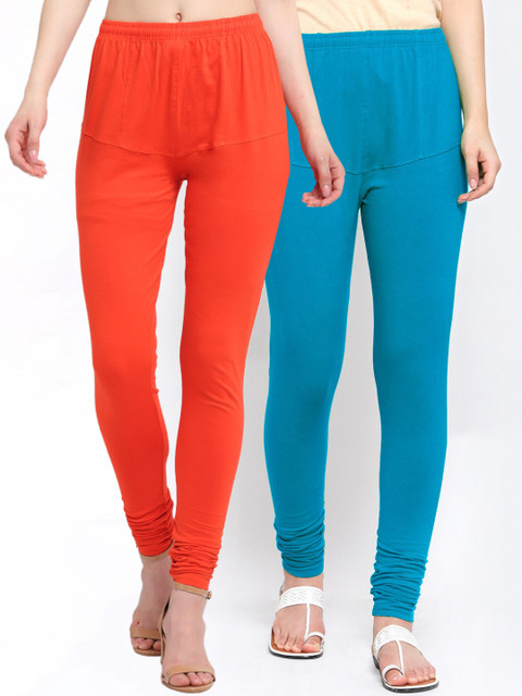 

KLOTTHE Women Pack Of 2 Solid Churidar-Length Cotton Leggings, Orange
