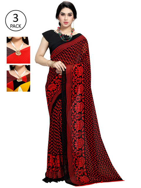 

KALINI Pack of 3 Printed Poly Georgette Sarees, Red