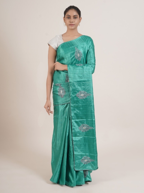 

Pothys Green & Grey Embellished Beads and Stones Silk Blend Saree
