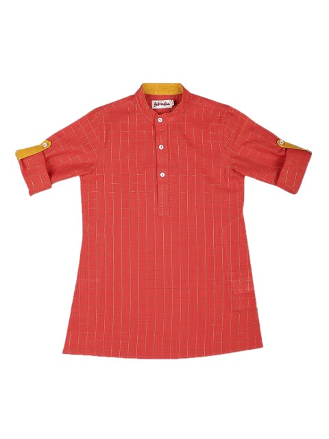 

Fabindia Boys Coral Red & Golden Checked Cotton Kurta