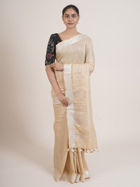 

Pothys Women Cream Linen Blend Mirror Worked Saree