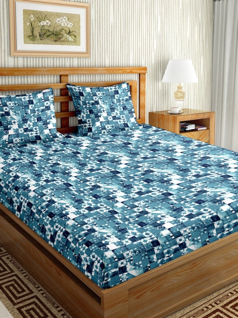 

BELLA CASA Blue & White Geometric 180 TC King Bedsheet with 2 Pillow Covers