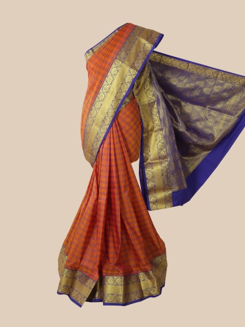 

Pothys Orange & Blue Checked Zari Pure Silk Kanjeevaram Saree
