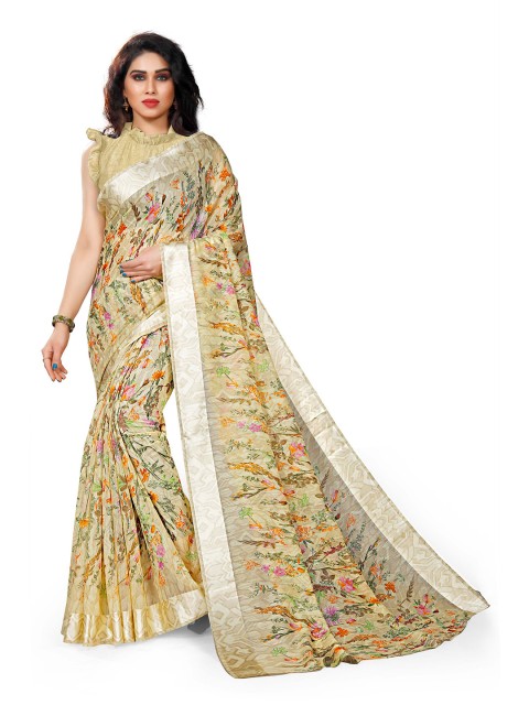 

KALINI Beige & Yellow Floral Printed Bagh Saree