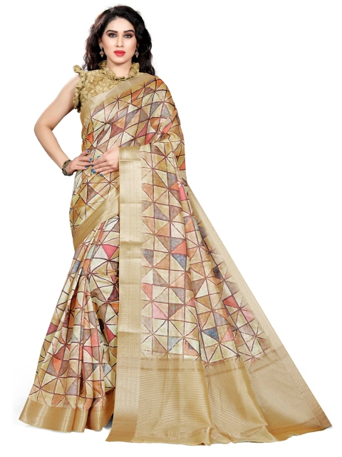 

Mirchi Fashion Beige & Peach-Coloured Silk Blend Block Print Saree