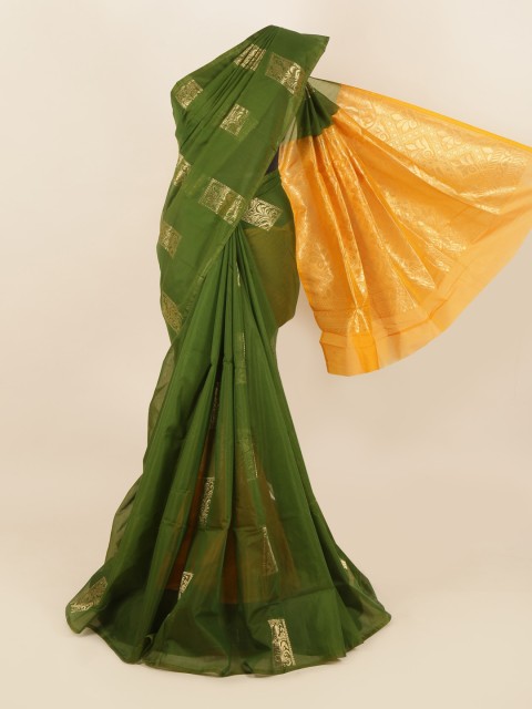 

Pothys Green & Yellow Ethnic Motifs Woven Design Silk Cotton Saree