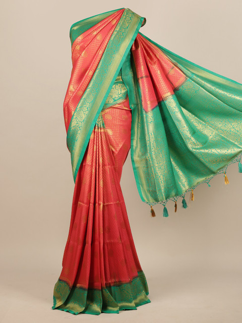 

Pothys Orange & Green Ethnic Motifs Zari Woven Design Jute Silk Saree