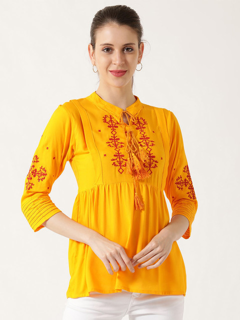 

V2 Value & Variety Mustard Yellow & Red Embroidered Tie-Up Neck Peplum Cotton Top