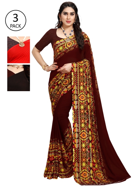 

KALINI Pack of 3 Poly Georgette Saree, Red
