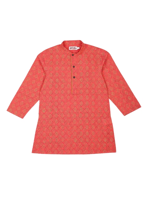

Fabindia Boys Coral Red & Beige Ethnic Motifs Print Cotton A-Line Kurta