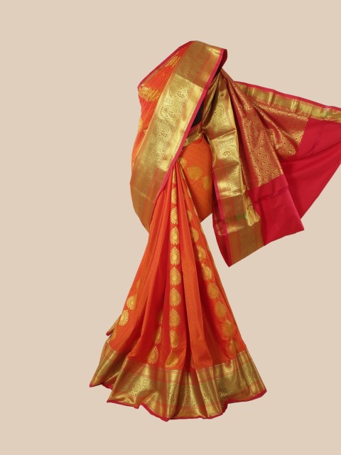 

Pothys Orange & Gold-Toned Woven Design Zari Pure Silk Kanjeevaram Saree