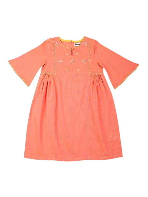 

Fabindia Girls Peach-Coloured Bell Sleeves Thread Work Pure Cotton Anarkali Kurta