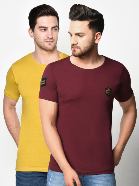 

ELEGANCE Men Pack of 2 Mustard Yellow & Burgundy Applique T-shirt