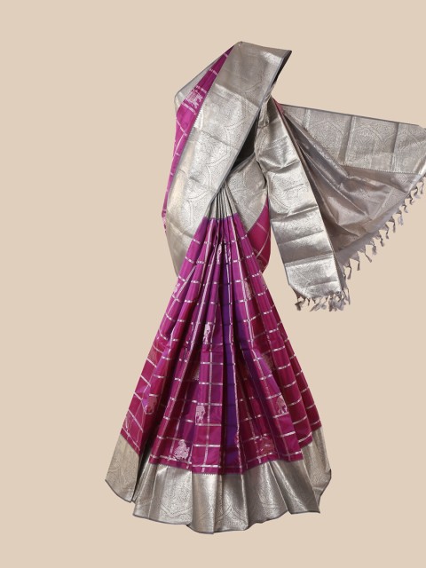 

Pothys Violet & Silver-Toned Woven Design Pure Silk Kanjeevaram Saree