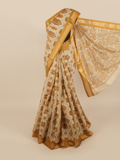 Pothys Off White & Mustard Printed Zari Saree