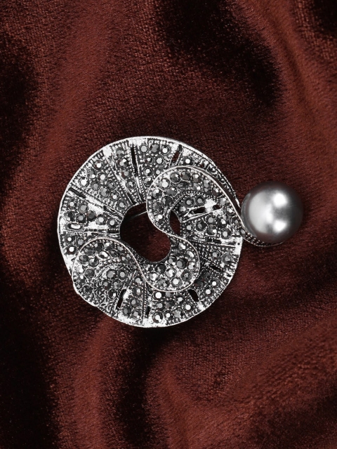 

Adwitiya Collection Silver-toned & White Stone-Studded & Beaded Brooch