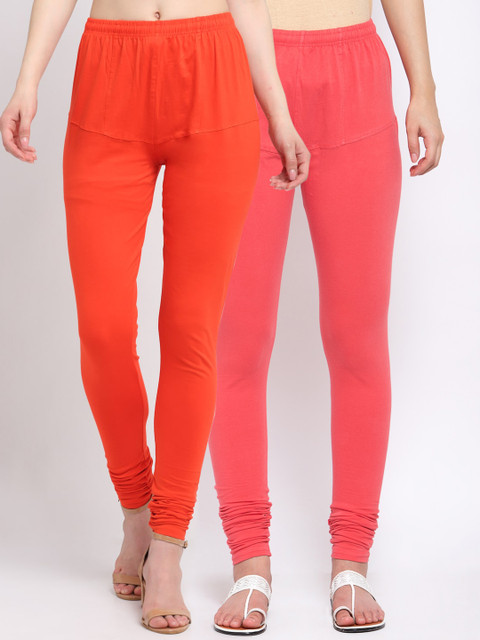 

KLOTTHE Women Pack of 2 Solid Cotton Churidar-Length Leggings, Peach