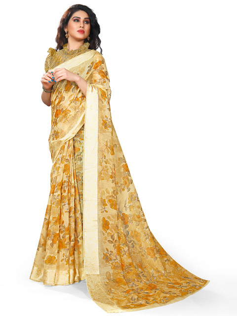 

KALINI Beige & Mauve Floral Printed Bagh Saree