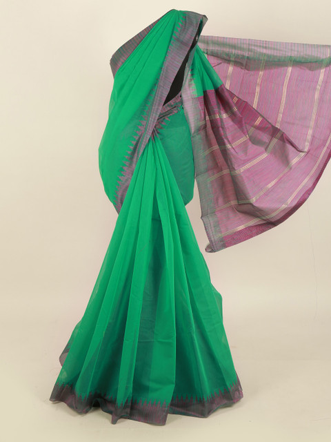 

Pothys Green & Violet Solid Silk Cotton Saree