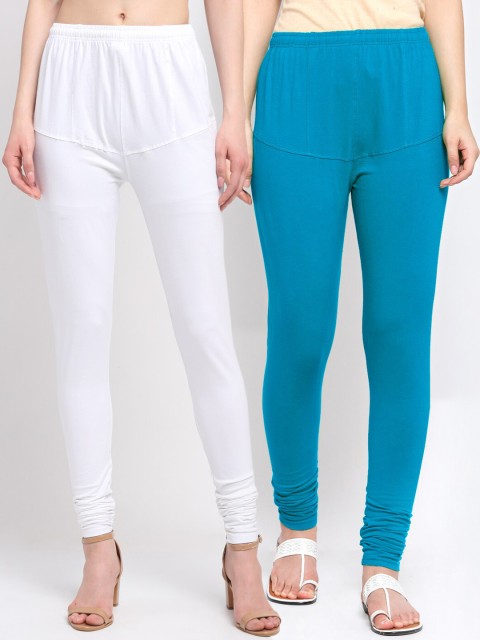 

KLOTTHE Women Pack Of 2 Blue & White Solid Cotton Churidar-Length Leggings